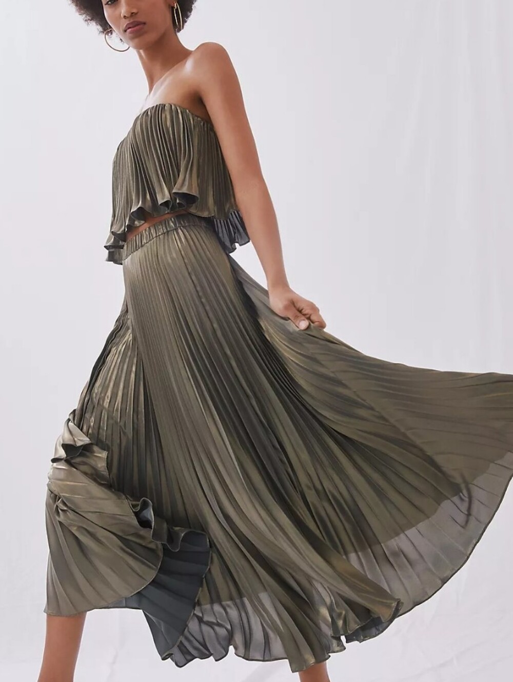 Anthropologie Pleated Metallic Skirt Set